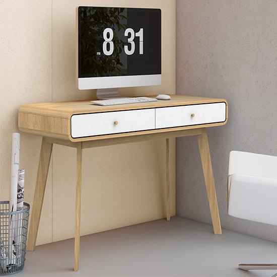 Cassie Wooden Computer Desk With 2 Drawers In Oak And White