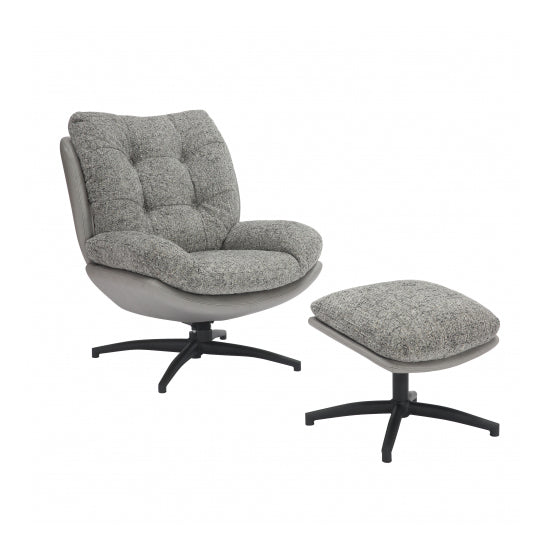 Calm Tactile Textured Fabric Lounge Chair With Footstool In Grey