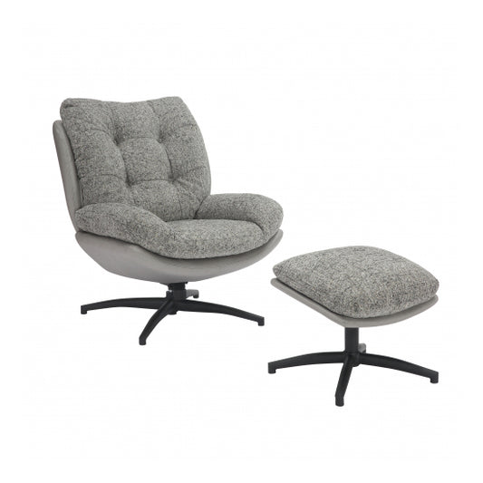 Calm Tactile Textured Fabric Lounge Chair With Footstool In Grey