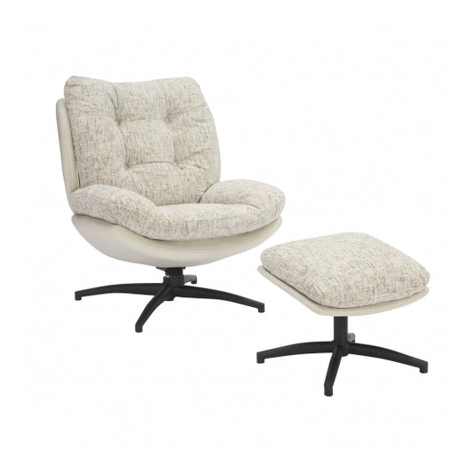 Calm Tactile Textured Fabric Lounge Chair With Footstool In Cream