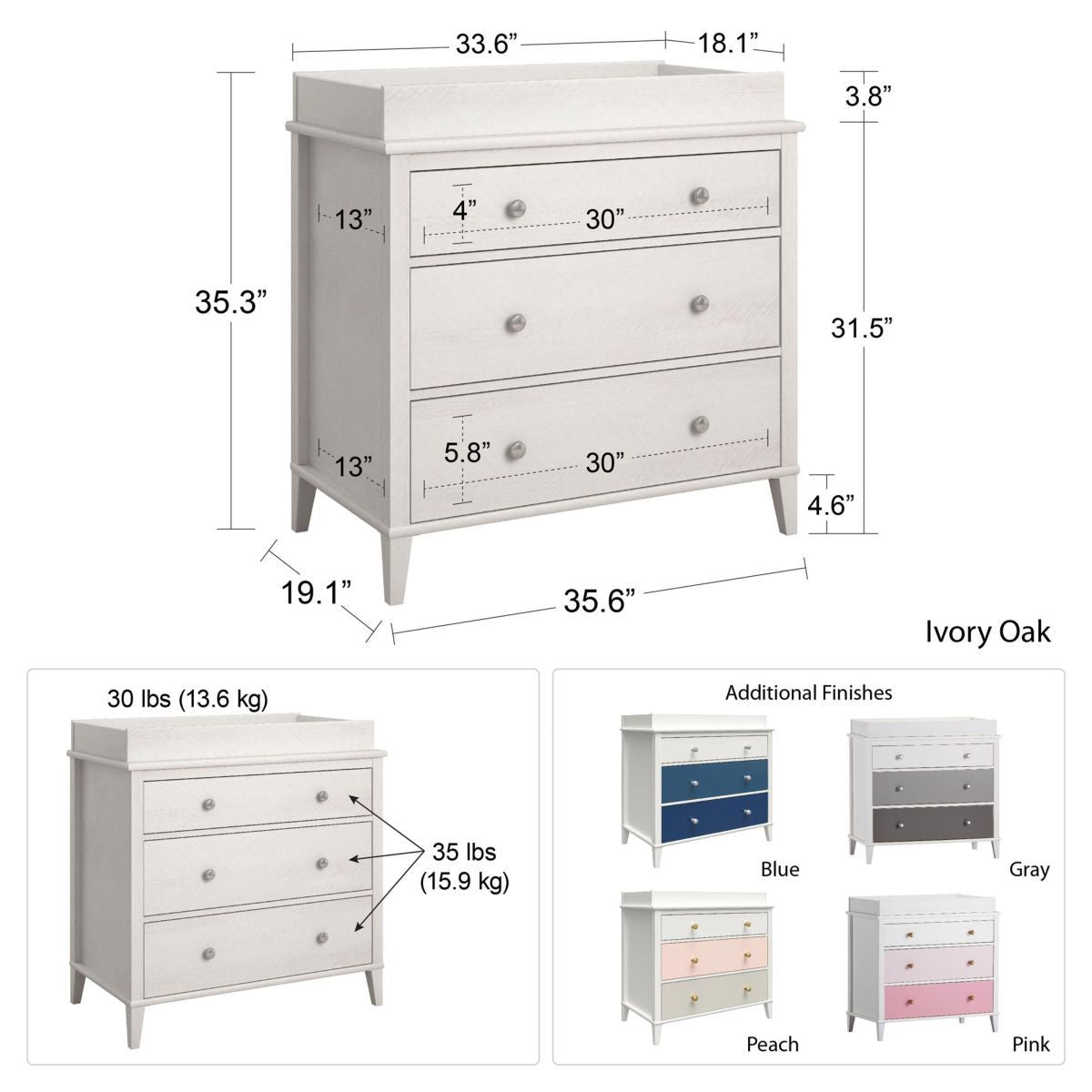 Monarch Hill Poppy Wooden Chest Of 3 Drawers With Changing Table In White