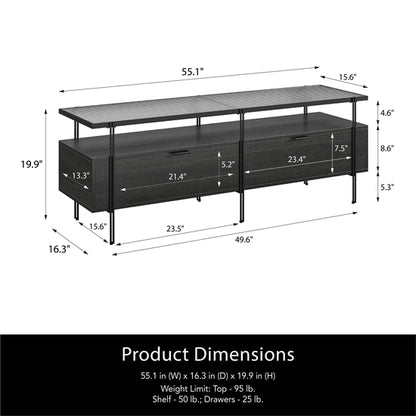 Wainwright Glass TV Stand With 2 Drawers In Black Oak