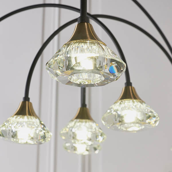 Zander Clear Crystal Shades 9 Light Ceiling Pendant Light In Matt Black