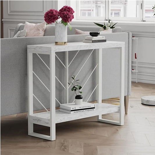 Brielle Wooden Console Table In White Faux Marble Effect