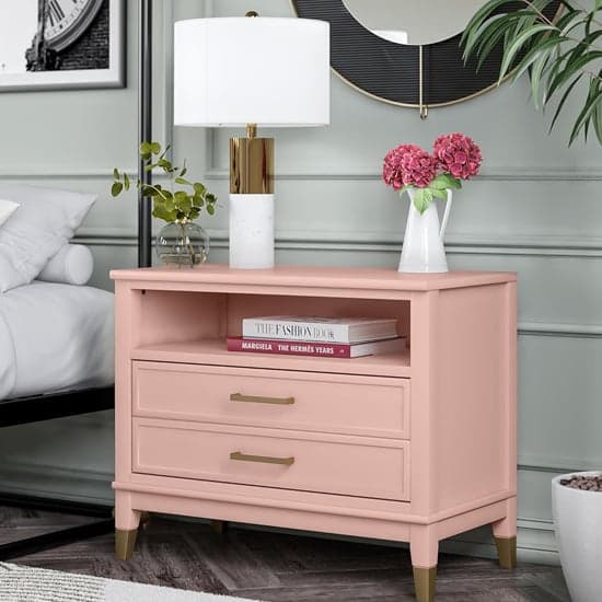 Westerleigh Wide Wooden Bedside Cabinet With 2 Drawers In Pale Pink