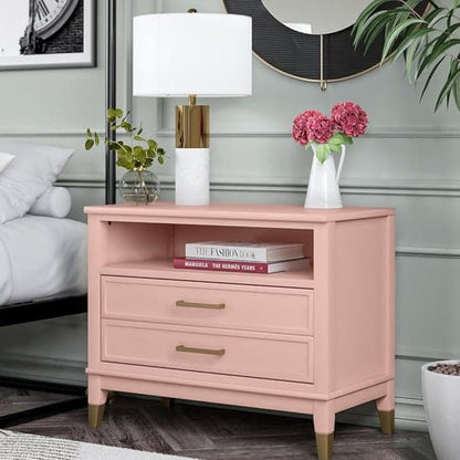 Westerleigh Wide Wooden Bedside Cabinet With 2 Drawers In Pale Pink