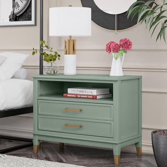 Westerleigh Wide Wooden Bedside Cabinet With 2 Drawers In Pale Green