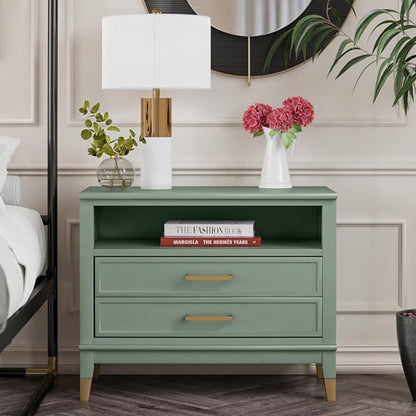 Westerleigh Wide Wooden Bedside Cabinet With 2 Drawers In Pale Green