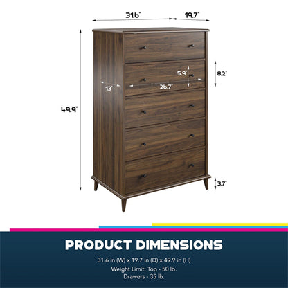 Farnsworth Wooden Chest Of 5 Drawers In Walnut