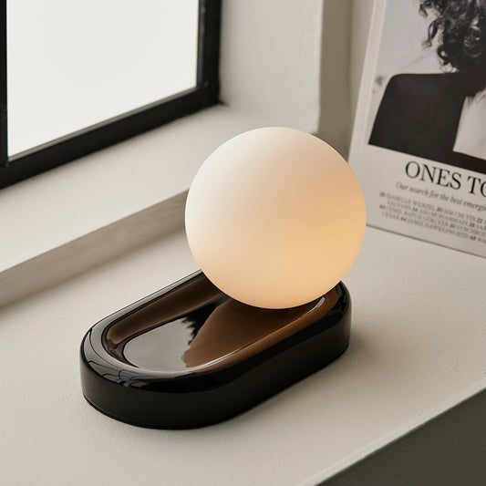 Contour Matt Opal Sphere Glass Shade Table Lamp With Gloss Black Ceramic Base