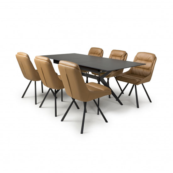 Tarsus Extending Black Ceramic Top Dining Table With 6 Arnhem Tan Chairs