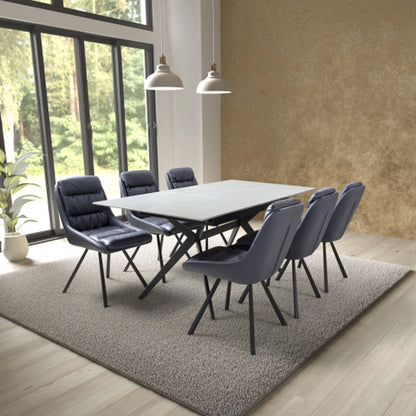 Tarsus Extending Grey Ceramic Top Dining Table With 6 Arnhem Midnight Blue Chairs