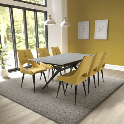 Tarsus Extending Grey Ceramic Top Dining Table With 6 Lima Yellow Chairs
