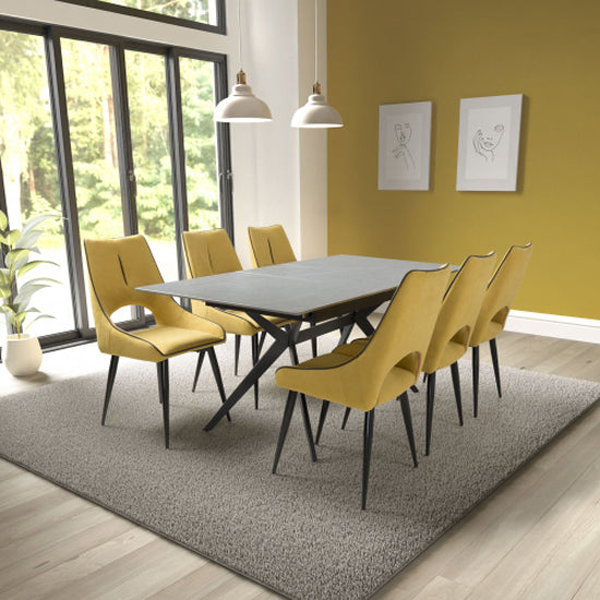 Tarsus Extending Grey Ceramic Top Dining Table With 6 Lima Yellow Chairs