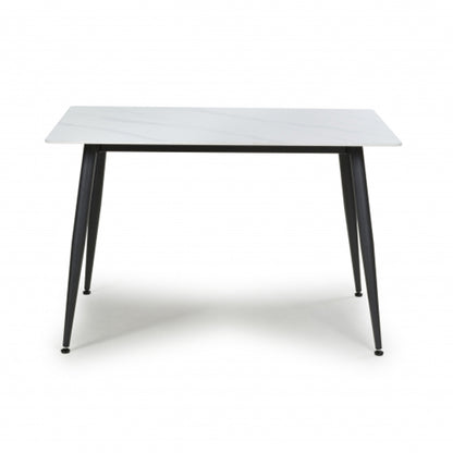 Monaco Small Ceramic Dining Table In White Marble Effect With Black Metal Legs