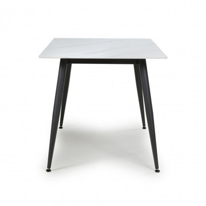 Monaco Small Ceramic Dining Table In White Marble Effect With Black Metal Legs