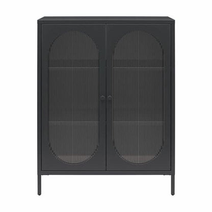Luna Metal Storage Cabinet With 2 Fluted Glass Doors In Black