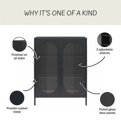 Luna Metal Storage Cabinet With 2 Fluted Glass Doors In Black