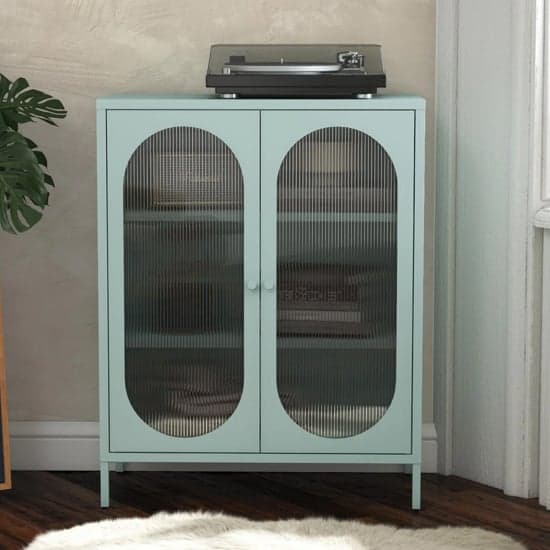 Luna Metal Storage Cabinet With 2 Fluted Glass Doors In Sky Blue