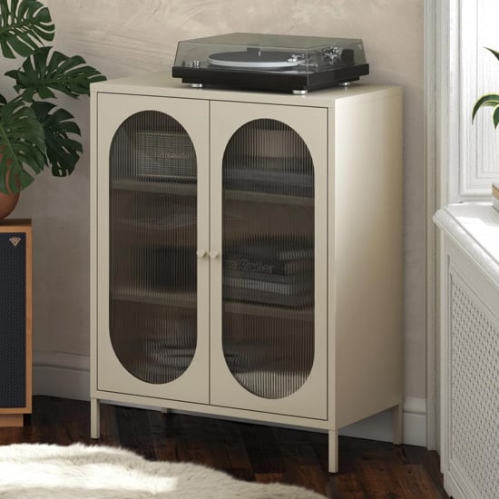 Luna Metal Storage Cabinet With 2 Fluted Glass Doors In Parchment