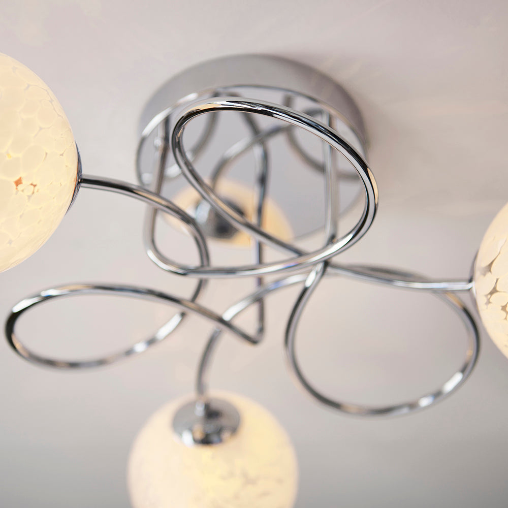 Delos White Confetti Glass Shades 3 Lights Semi Flush Ceiling Light In Polished Chrome
