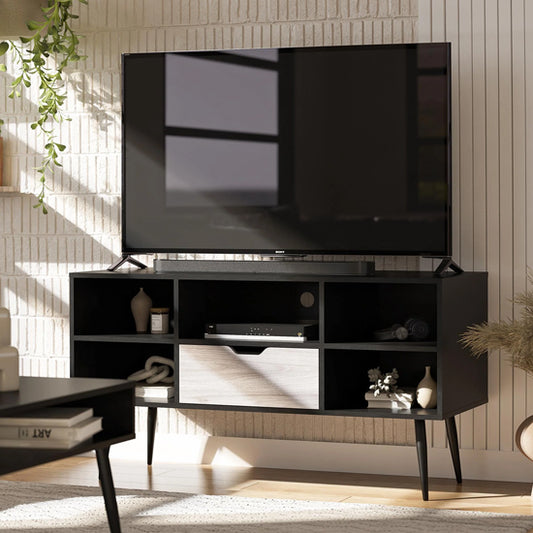 Copley Wooden TV Stand With 2 Shelves 1 Drawer In Black Oak
