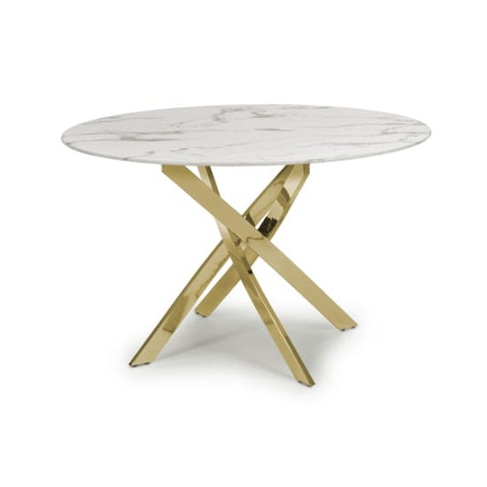 Astoria Round 1.2m Glass Top Dining Table In White With Gold Legs