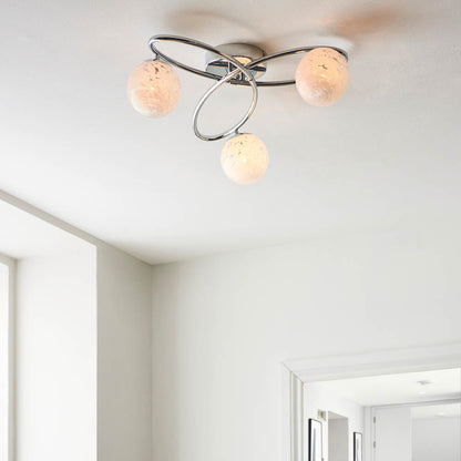 Maye White Confetti Glass Shades 3 Light Semi Flush Ceiling Light In Chrome
