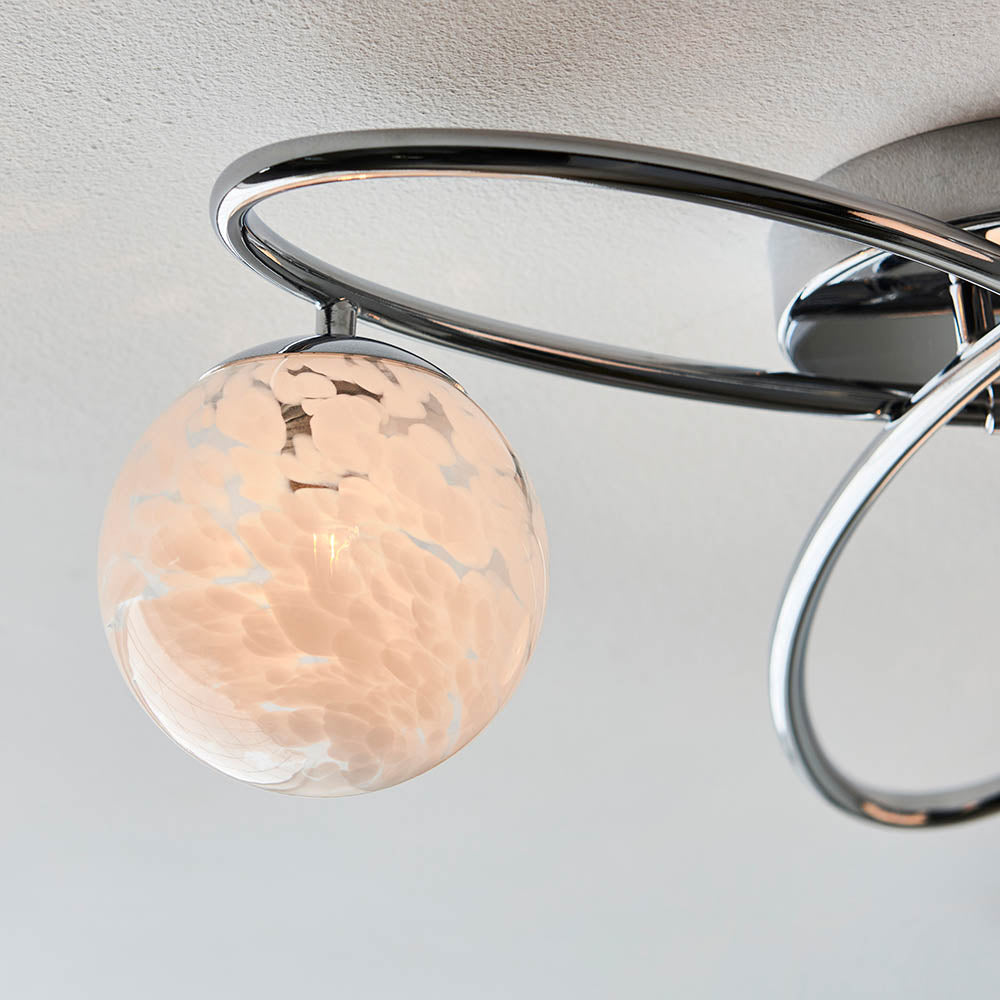 Maye White Confetti Glass Shades 3 Light Semi Flush Ceiling Light In Chrome