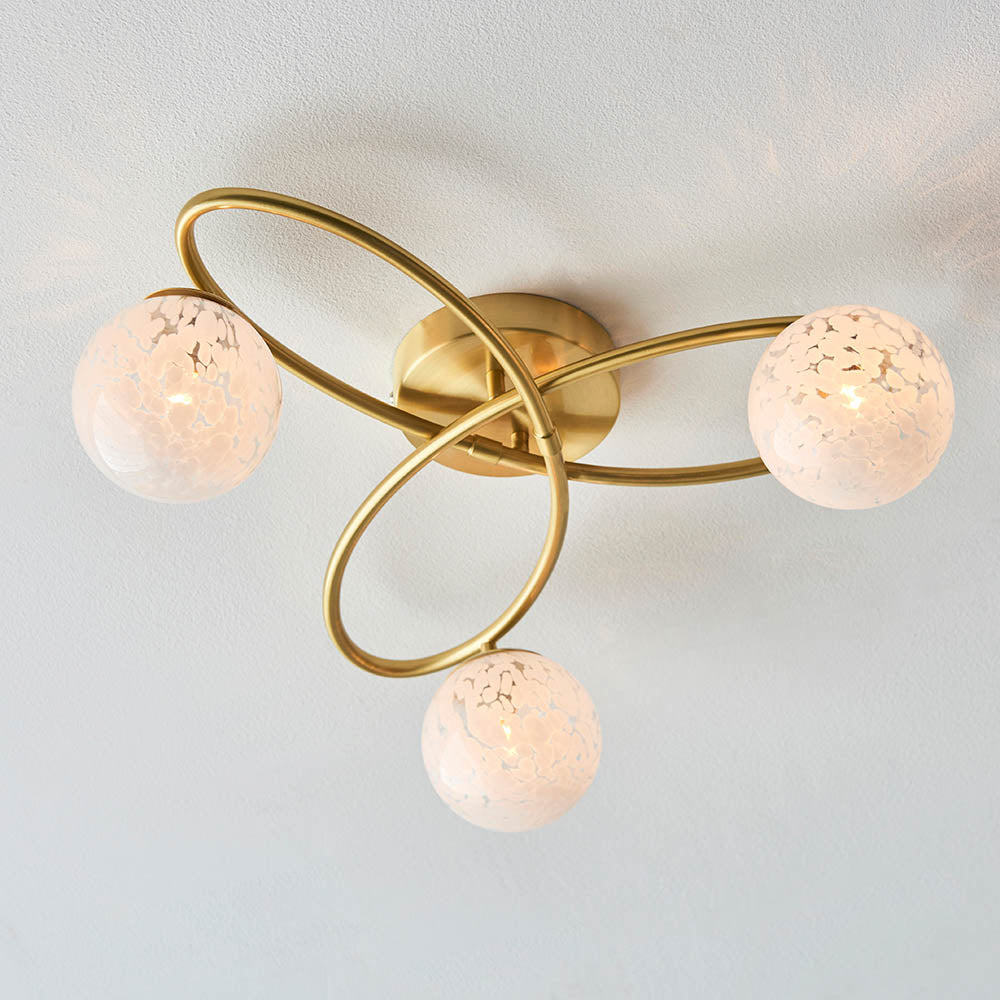 Maye White Confetti Glass Shades 3 Light Semi Flush Ceiling Light In Satin Brass