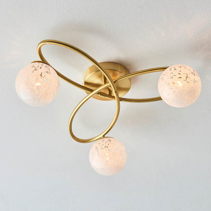 Maye White Confetti Glass Shades 3 Light Semi Flush Ceiling Light In Satin Brass