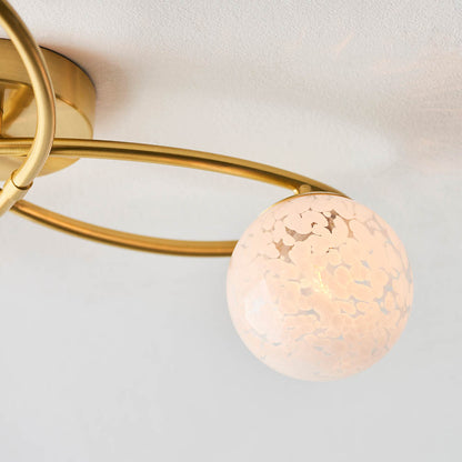 Maye White Confetti Glass Shades 3 Light Semi Flush Ceiling Light In Satin Brass