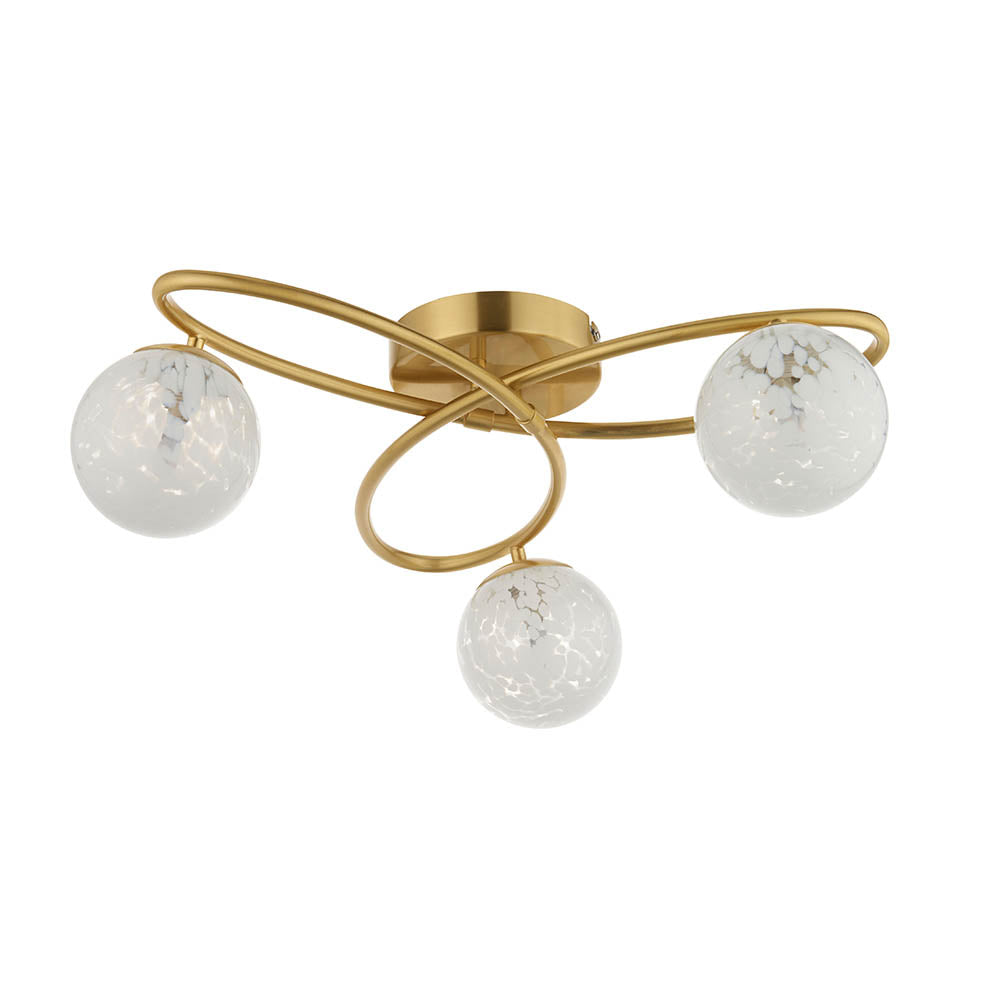 Maye White Confetti Glass Shades 3 Light Semi Flush Ceiling Light In Satin Brass