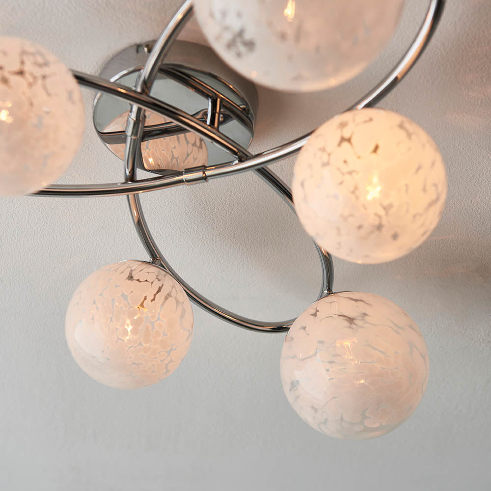 Maye White Confetti Glass Shades 6 Light Semi Flush Ceiling Light In Chrome