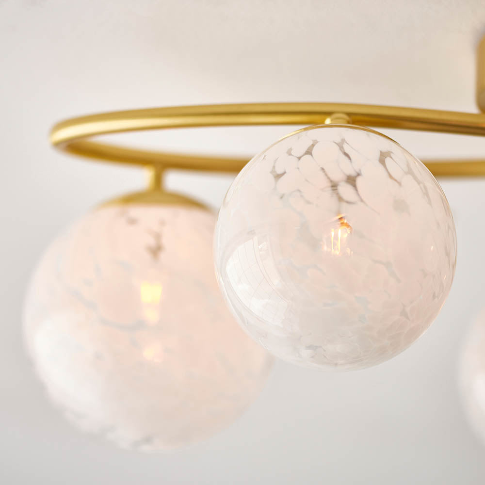 Maye White Confetti Glass Shades 6 Light Semi Flush Ceiling Light In Satin Brass