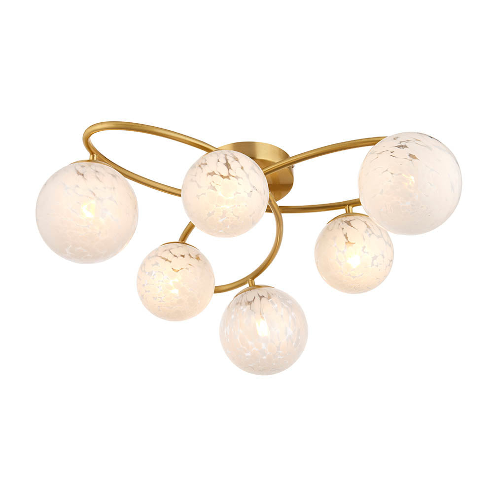 Maye White Confetti Glass Shades 6 Light Semi Flush Ceiling Light In Satin Brass