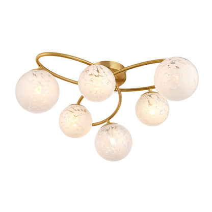 Maye White Confetti Glass Shades 6 Light Semi Flush Ceiling Light In Satin Brass