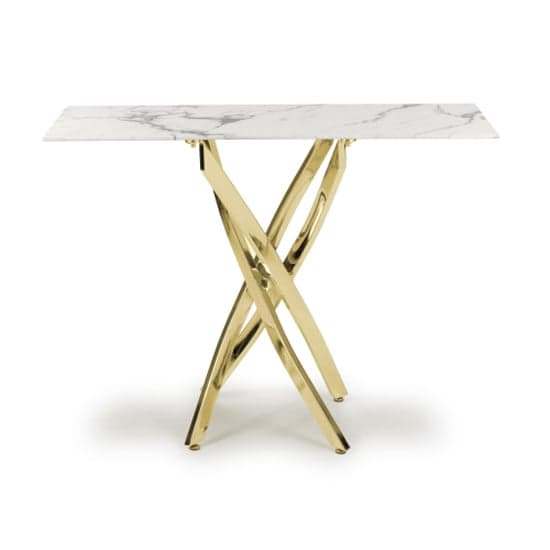 Astoria Glass Top Console Table In White With Gold Legs