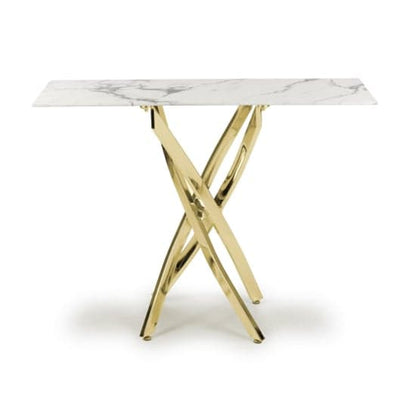 Astoria Glass Top Console Table In White With Gold Legs