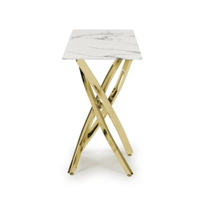 Astoria Glass Top Console Table In White With Gold Legs