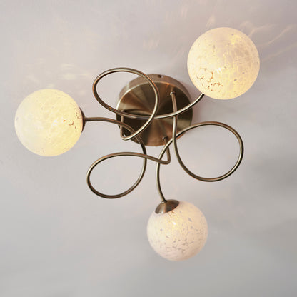 Delos White Confetti Glass Shades 3 Lights Semi Flush Ceiling Light In Antique Brass