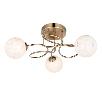 Delos White Confetti Glass Shades 3 Lights Semi Flush Ceiling Light In Antique Brass