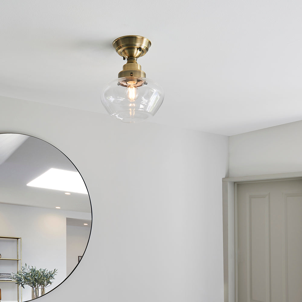 Camberley Clear Glass Shade Semi Flush Ceiling Light In Antique Brass