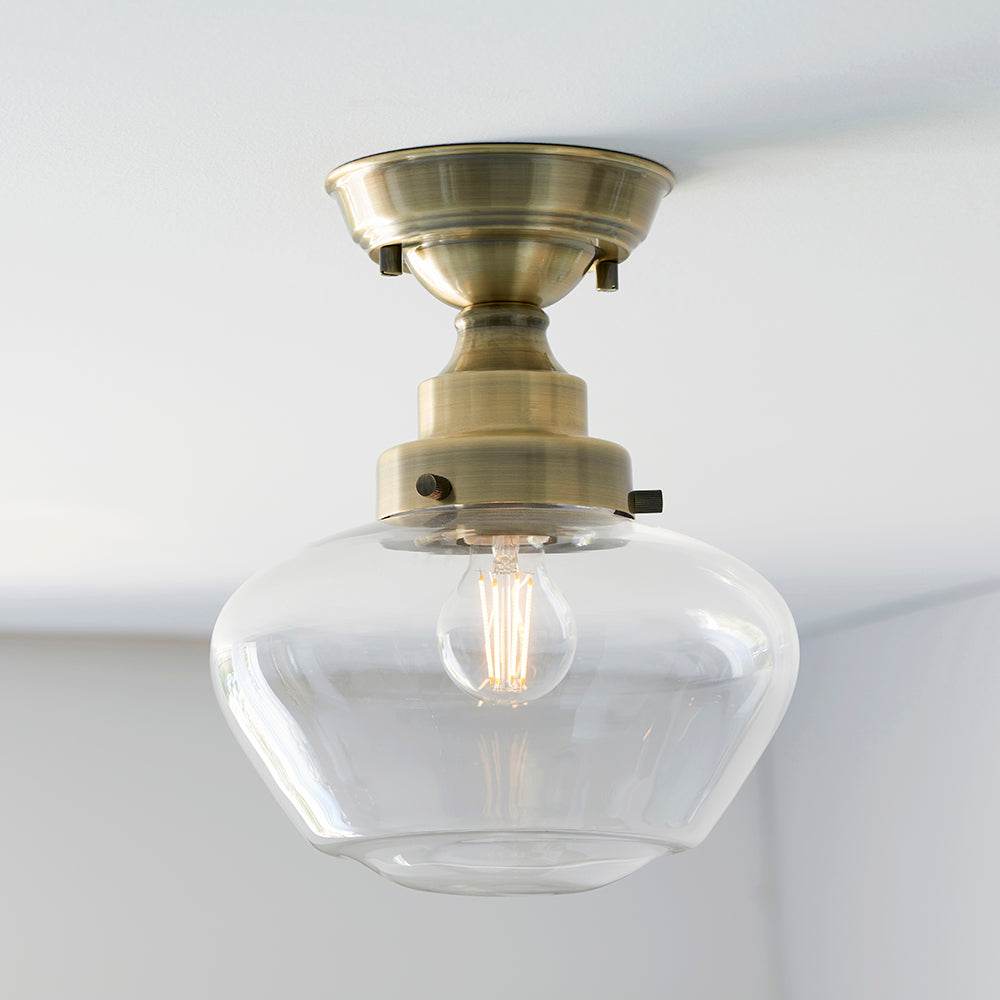 Camberley Clear Glass Shade Semi Flush Ceiling Light In Antique Brass