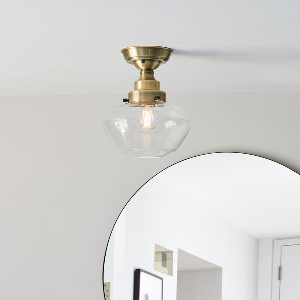 Camberley Clear Glass Shade Semi Flush Ceiling Light In Antique Brass