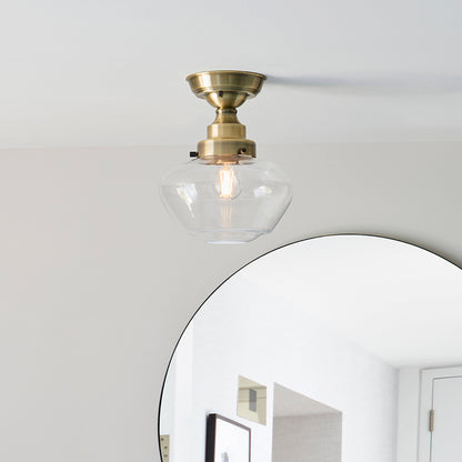 Camberley Clear Glass Shade Semi Flush Ceiling Light In Antique Brass
