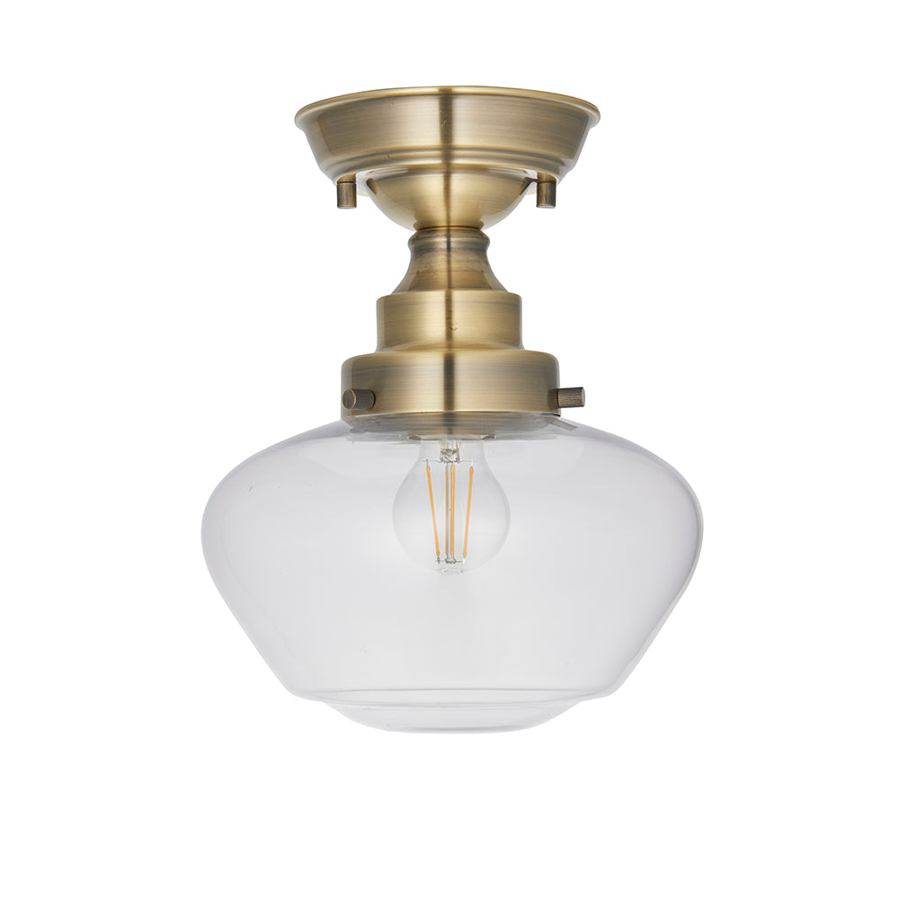 Camberley Clear Glass Shade Semi Flush Ceiling Light In Antique Brass