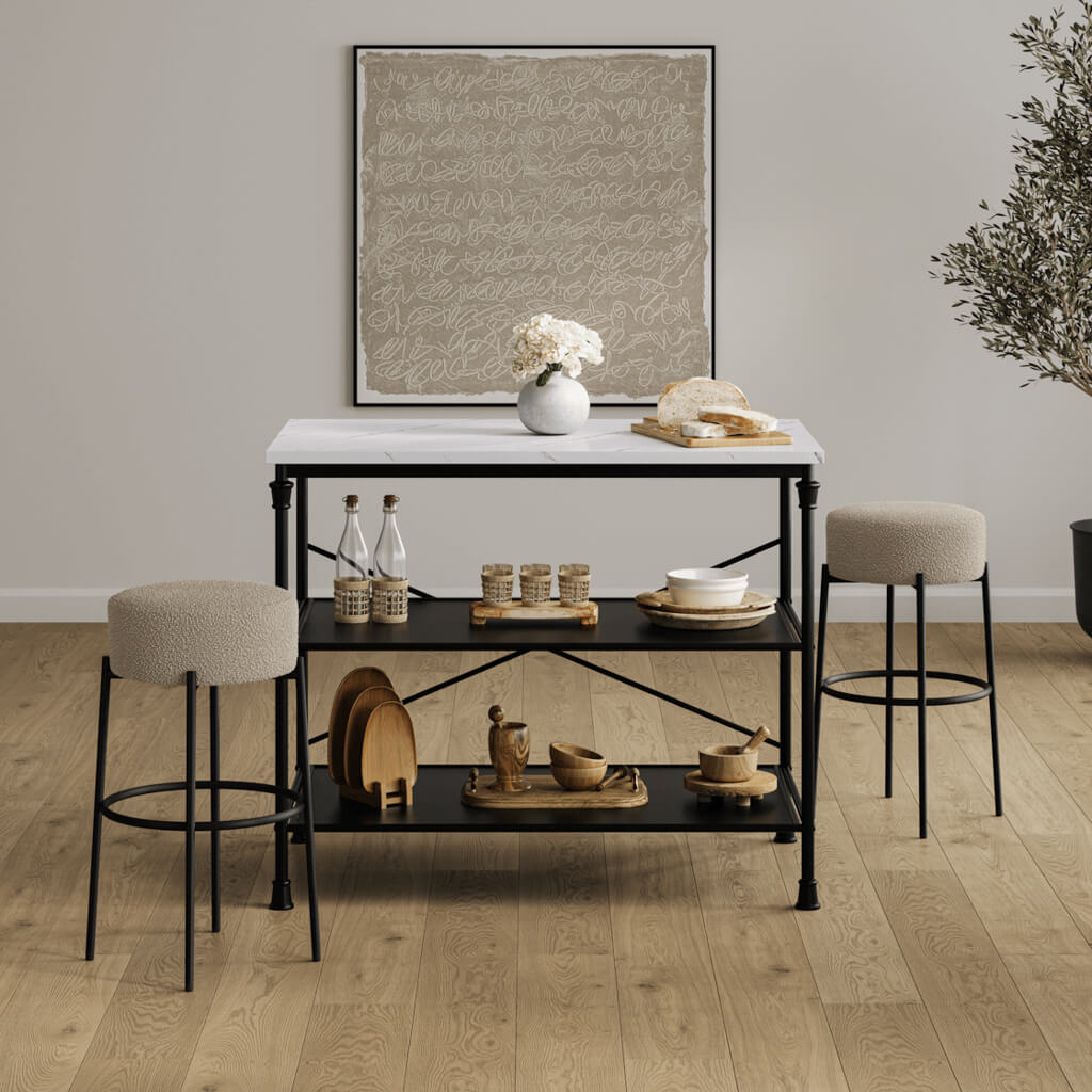 Anais Boucle Fabric Counter Stool In Buff With Black Metal Legs