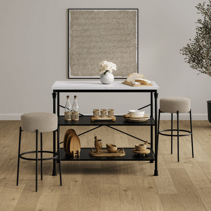 Anais Boucle Fabric Counter Stool In Buff With Black Metal Legs