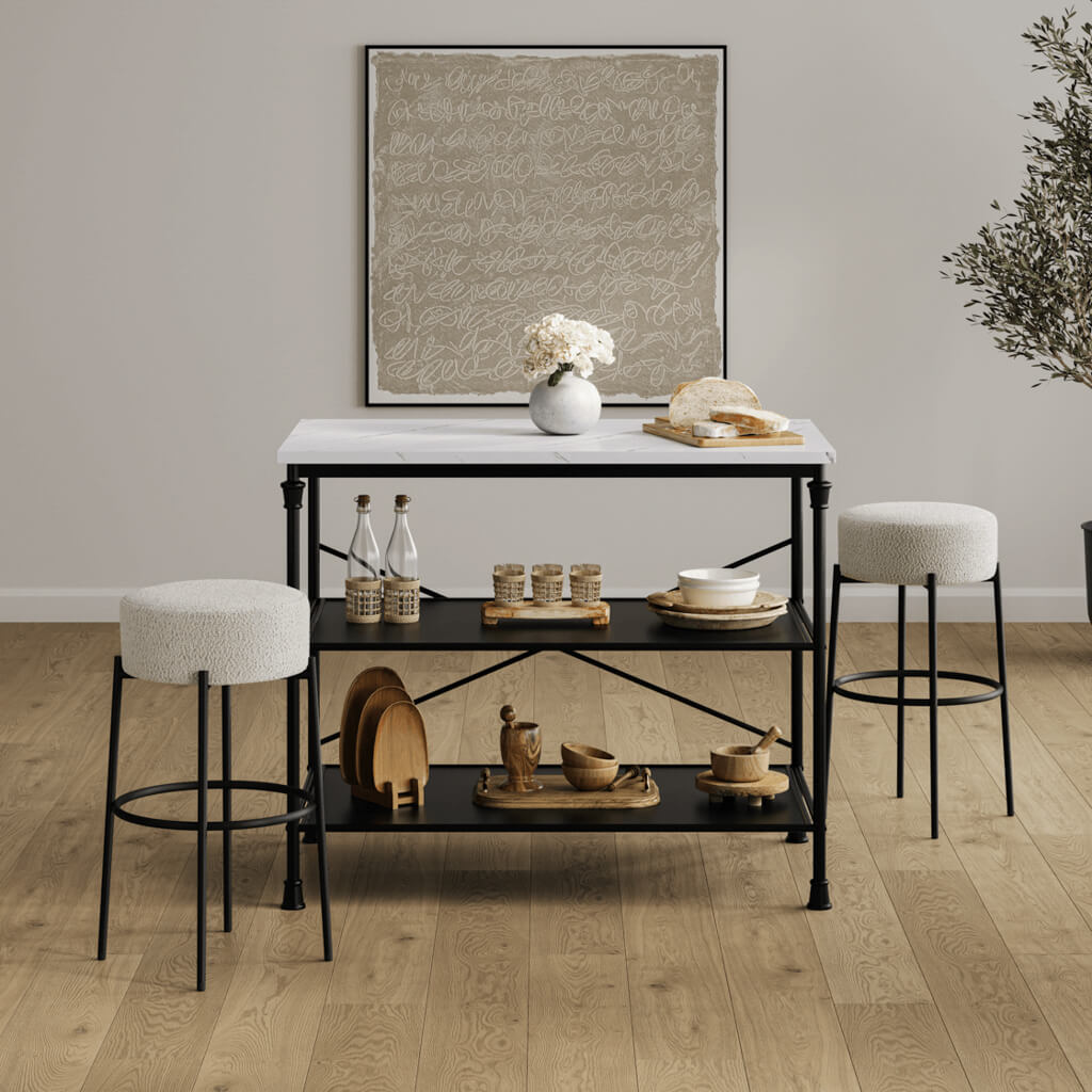 Anais Boucle Fabric Counter Stool In Ivory With Black Metal Legs